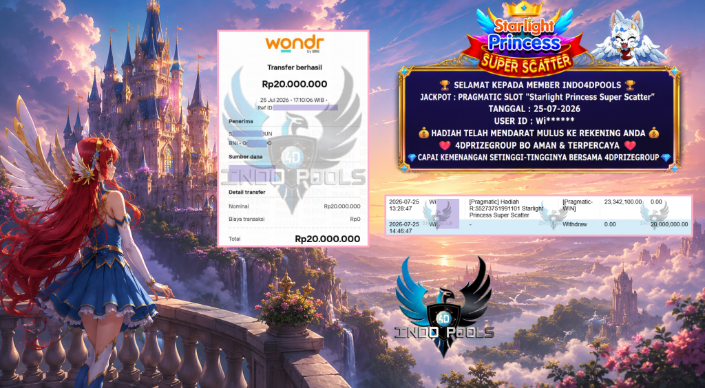 INDO4DPOOLS JACKPOT PRAGMATIC SLOT “Starlight Princess Super Scatter” Rp 20.000.000,- LUNAS