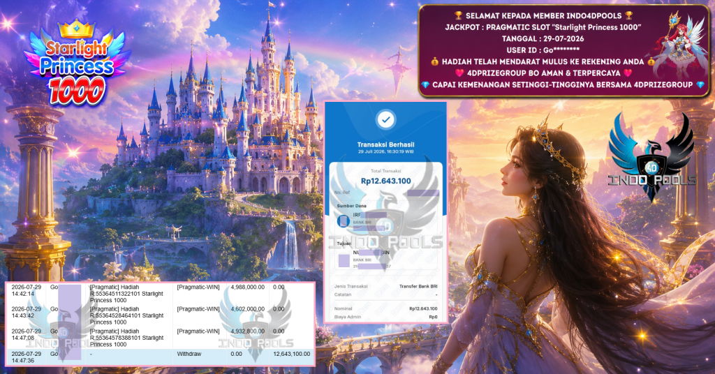 INDO4DPOOLS JACKPOT PRAGMATIC SLOT “Starlight Princess 1000″ Rp 12.643.100,- LUNAS