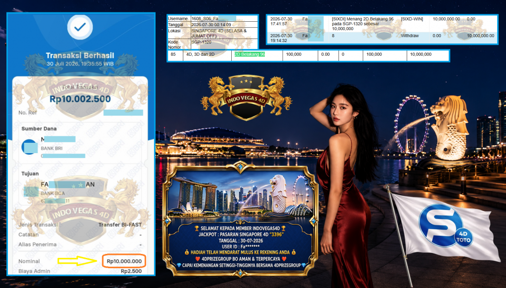 INDOVEGAS4D JACKPOT PASARAN SINGAPORE 4D “3396” Rp 10.000.000,- LUNAS