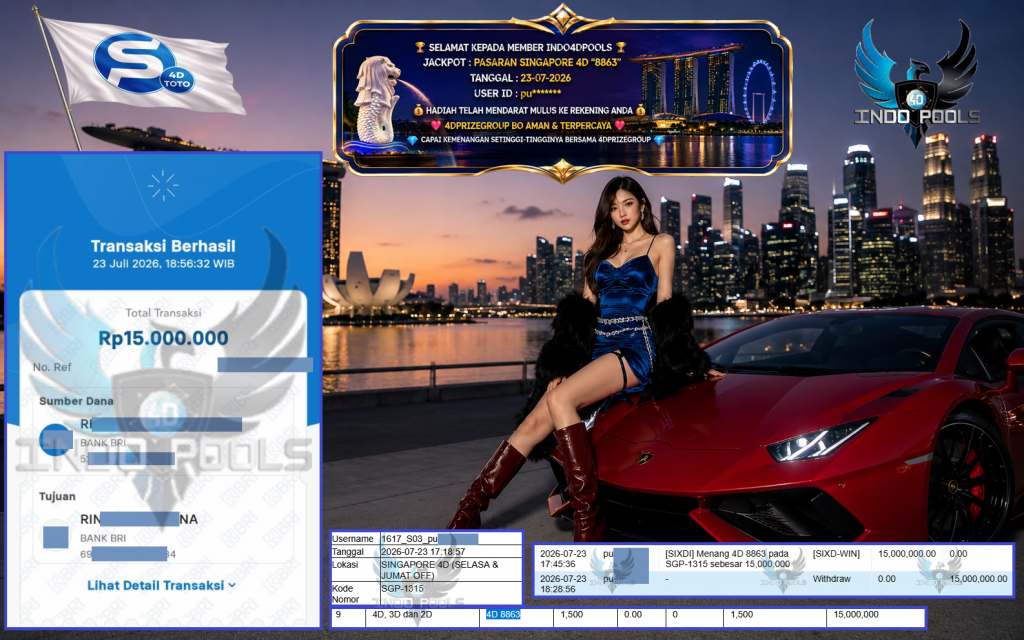 INDO4DPOOLS JACKPOT PASARAN SINGAPORE 4D “8863” Rp 15.000.000,- LUNAS