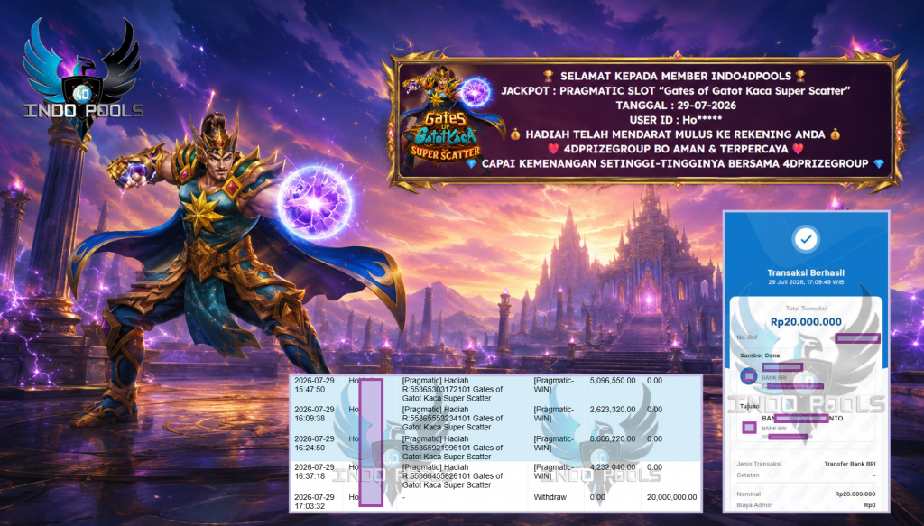 INDO4DPOOLS JACKPOT PRAGMATIC SLOT “Gates of Gatot Kaca Super Scatter” Rp 20.000.000,- LUNAS