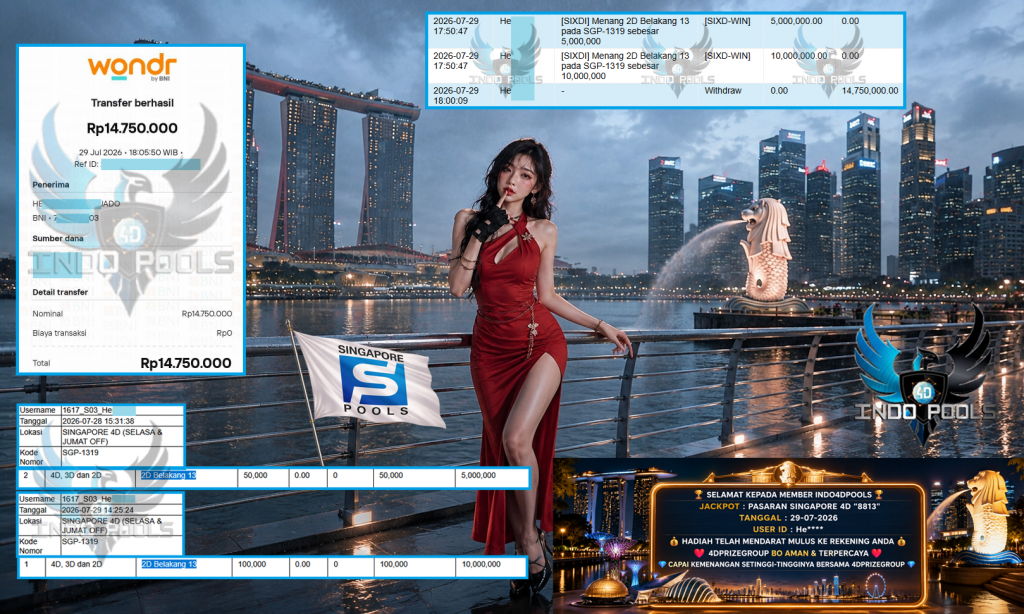 INDO4DPOOLS JACKPOT PASARAN SINGAPORE 4D “8813” Rp 14.750.000,- LUNAS