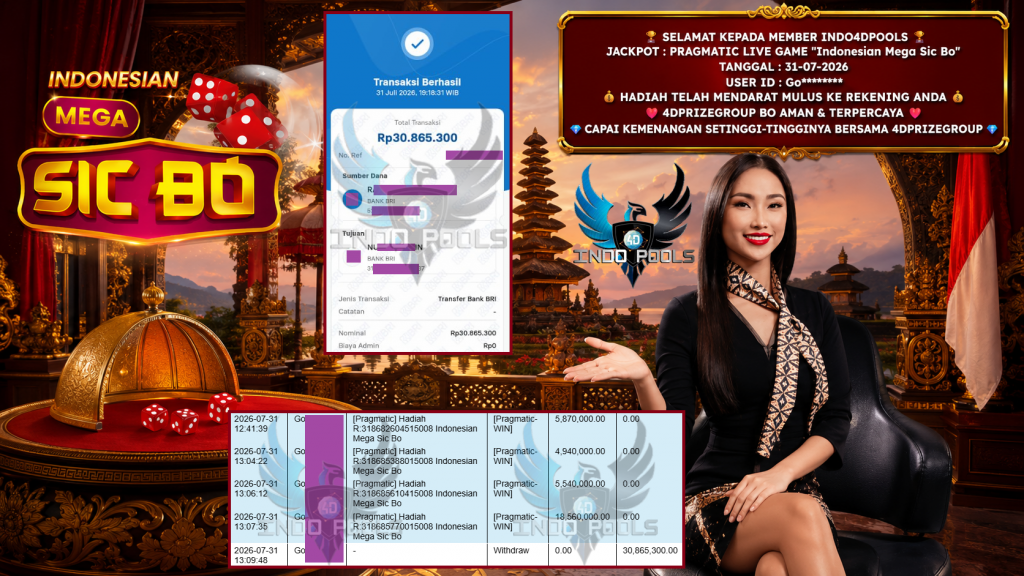 INDO4DPOOLS JACKPOT PRAGMATIC LIVE GAME “Indonesian Mega Sic Bo” Rp 30.865.300,- LUNAS