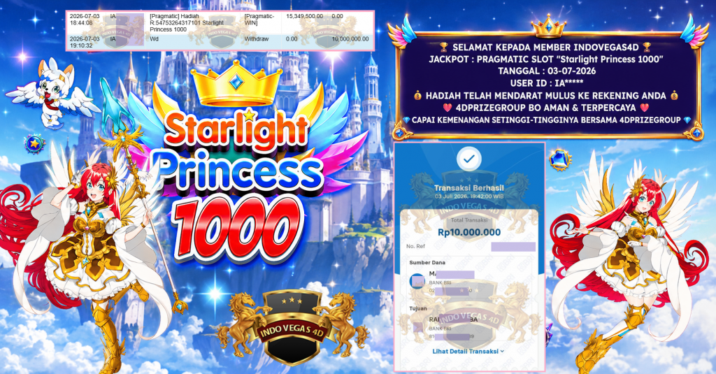INDOVEGAS4D JACKPOT PRAGMATIC SLOT “Starlight Princess 1000” Rp 10.000.000,- LUNAS