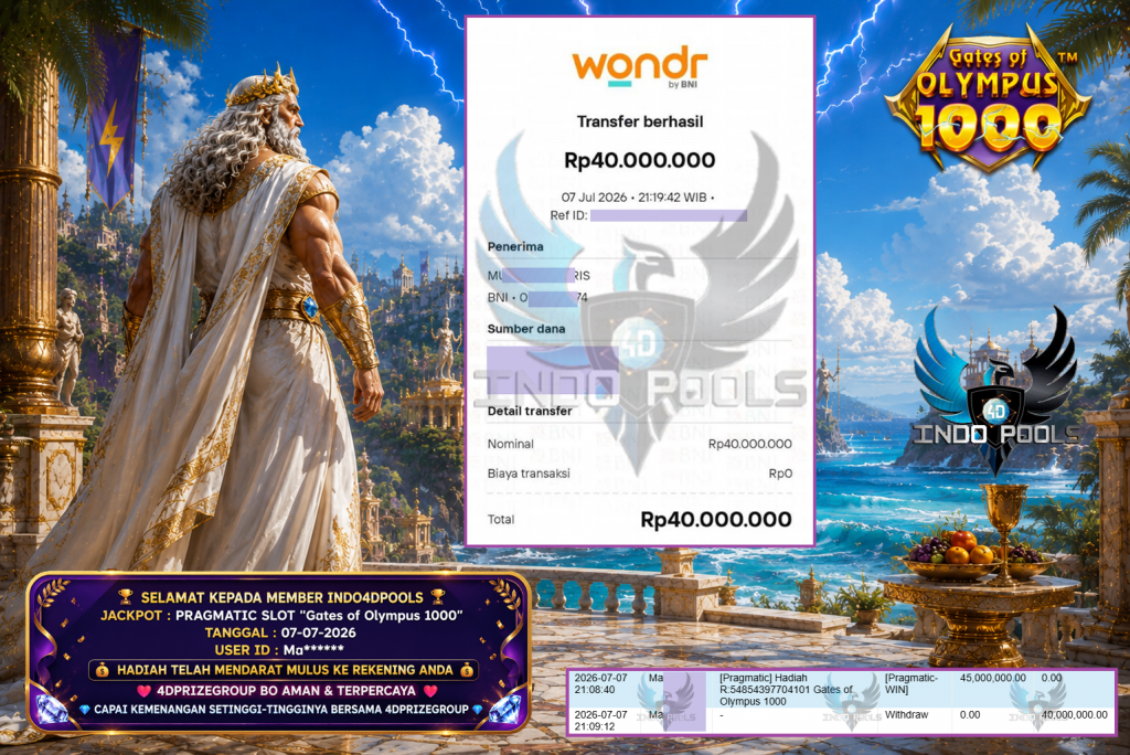 INDO4DPOOLS JACKPOT PRAGMATIC SLOT “Gates of Olympus 1000” Rp 40.000.000,- LUNAS
