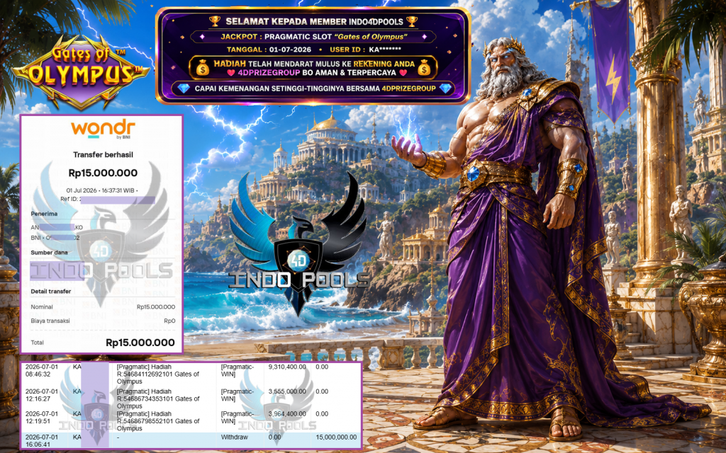 INDO4DPOOLS JACKPOT PRAGMATIC SLOT “Gates of Olympus” Rp 15.000.000,- LUNAS