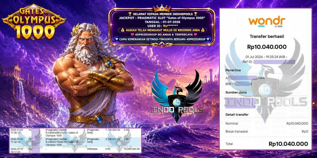 INDO4DPOOLS JACKPOT PRAGMATIC SLOT “Gates of Olympus 1000” Rp 10.040.000,- LUNAS