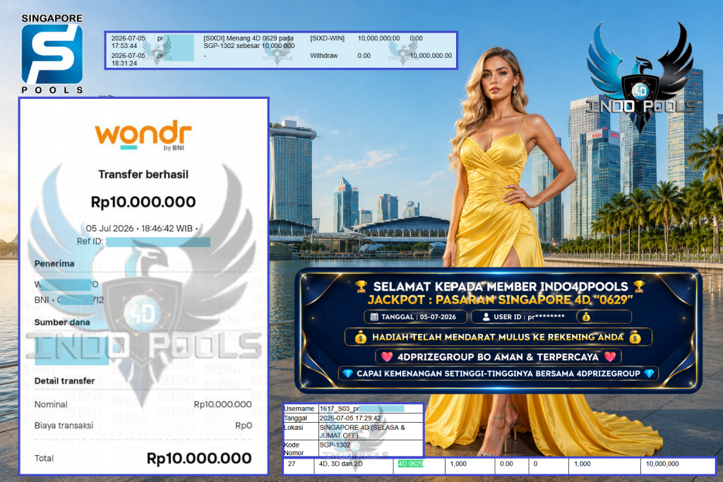 INDO4DPOOLS JACKPOT PASARAN SINGAPORE 4D “0629” Rp 10.000.000,- LUNAS