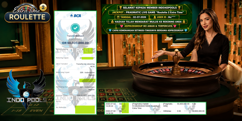 INDO4DPOOLS JACKPOT PRAGMATIC LIVE GAME “Roulette 2 Extra Time” Rp 50.000.000,- LUNAS