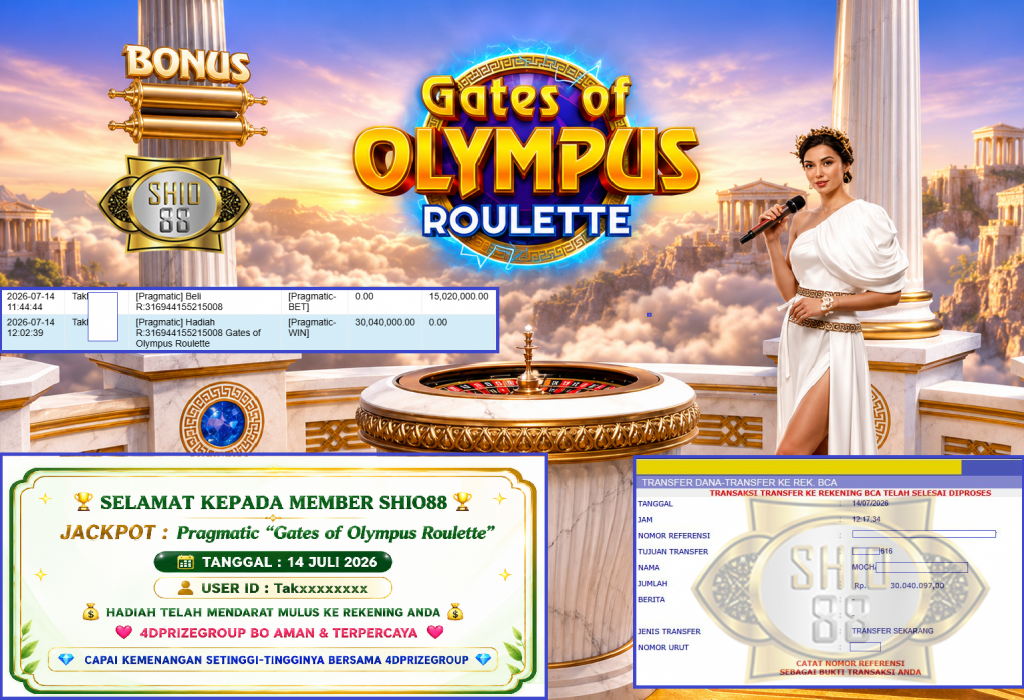 SHIO88 JACKPOT Pragmatic Gaming ”Gates of Olympus Roulette“ Rp 30,040,097.,- LUNAS