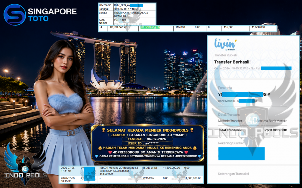 INDO4DPOOLS JACKPOT PASARAN SINGAPORE 4D “9668” Rp 11.000.000,- LUNAS