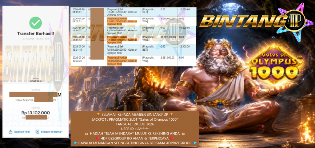 BINTANG4DP JACKPOT PRAGMATIC SLOT “Gates of Olympus 1000” ‎‏‏‎Rp 13.102.000,- LUNAS