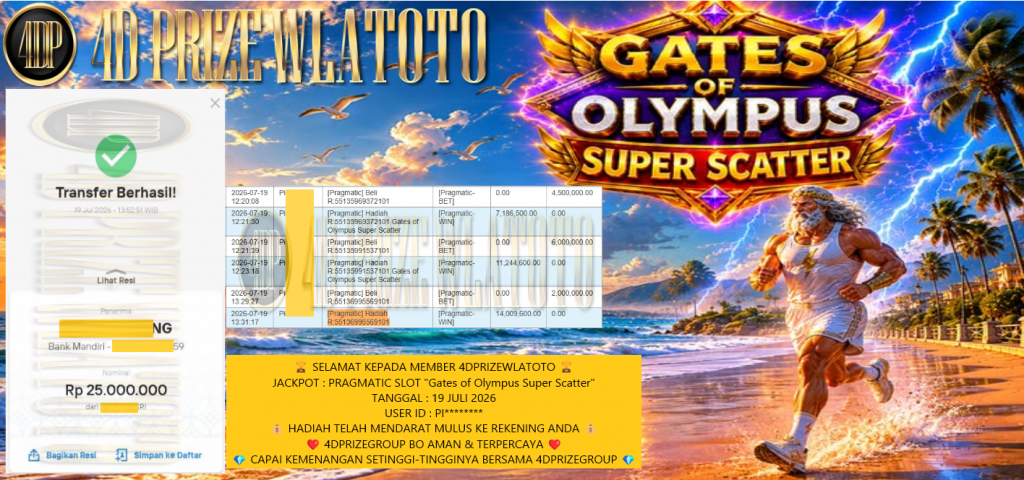4DPRIZEWLATOTO JACKPOT PRAGMATIC SLOT “Gates of Olympus Super Scatter” Rp 25.000.000,- LUNAS
