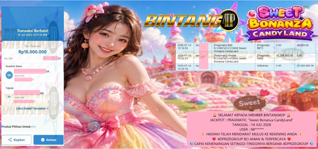 BINTANG4DP JACKPOT PRAGMATIC “Sweet Bonanza CandyLand” Rp15.000.000,- LUNAS