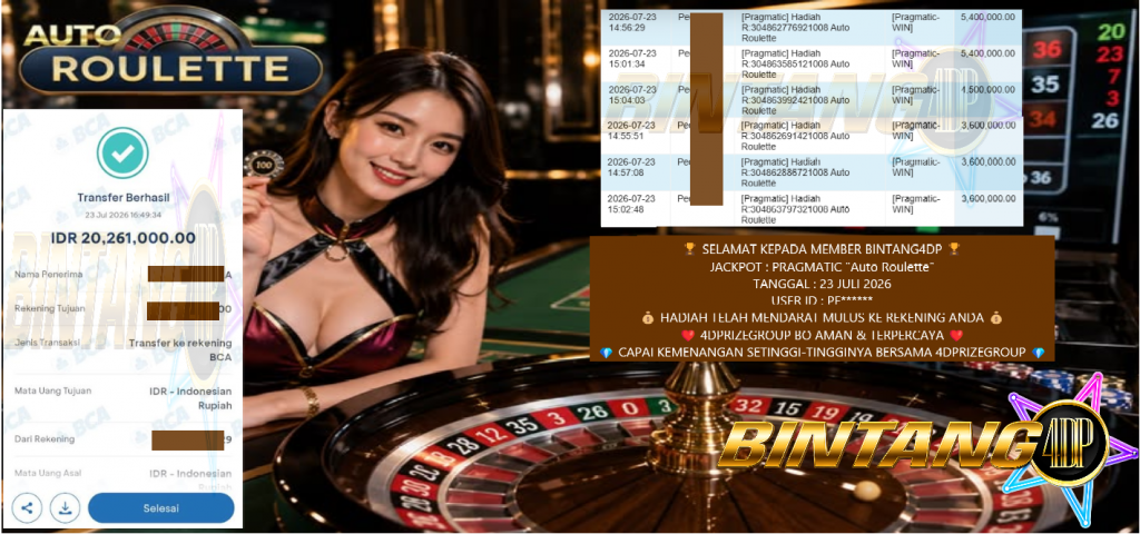 BINTANG4DP JACKPOT PRAGMATIC “Auto Roulette” Rp 20.261.000,- LUNAS