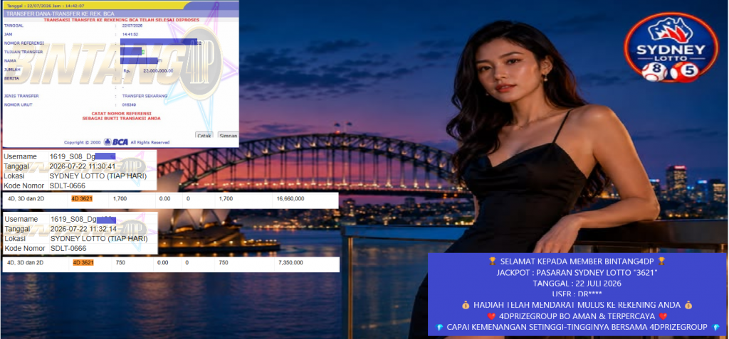 BINTANG4DP JACKPOT SYDNEY LOTTO β3621ββββββββ Rp 22.000.000,- LUNAS