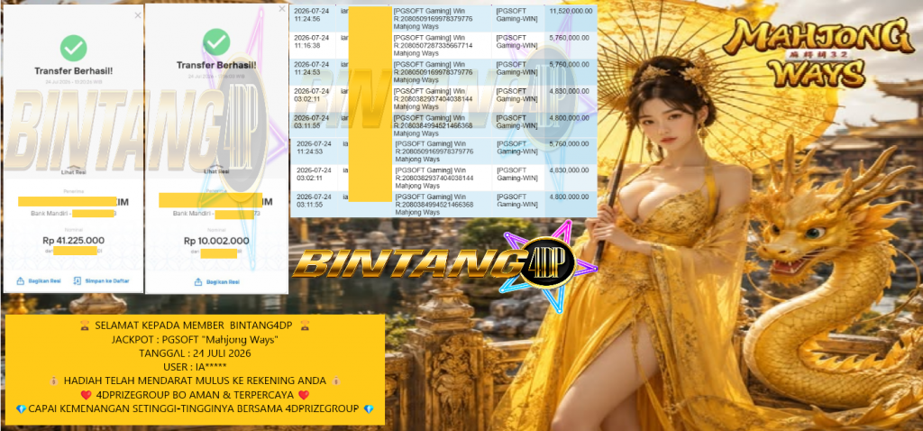 BINTANG4DP JACKPOT PGSOFT βMahjong Waysβ Rp51.227.000,- LUNAS