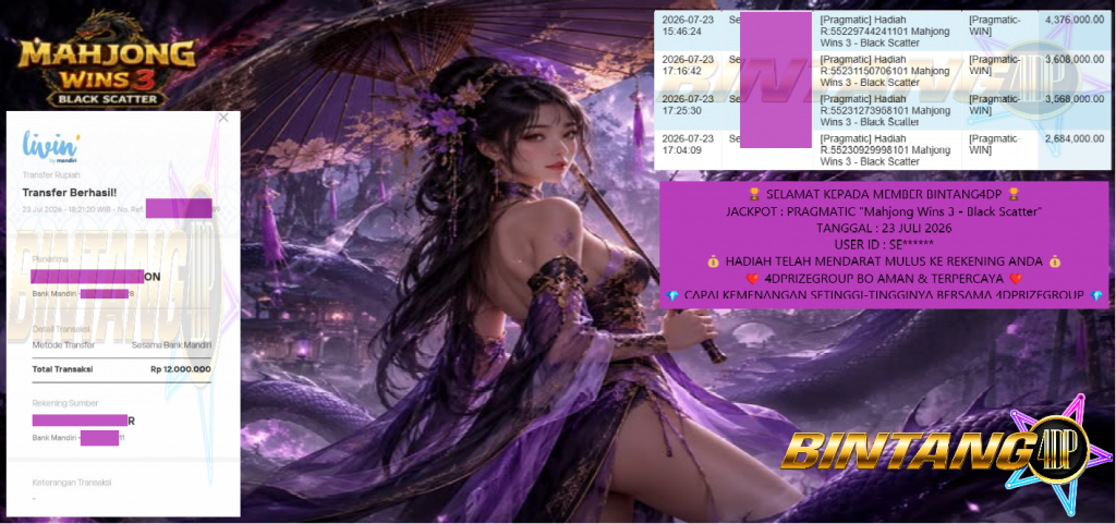 BINTANG4DP JACKPOT PRAGMATIC “Mahjong Wins 3 – Black Scatter” Rp 12.000.000,- LUNAS