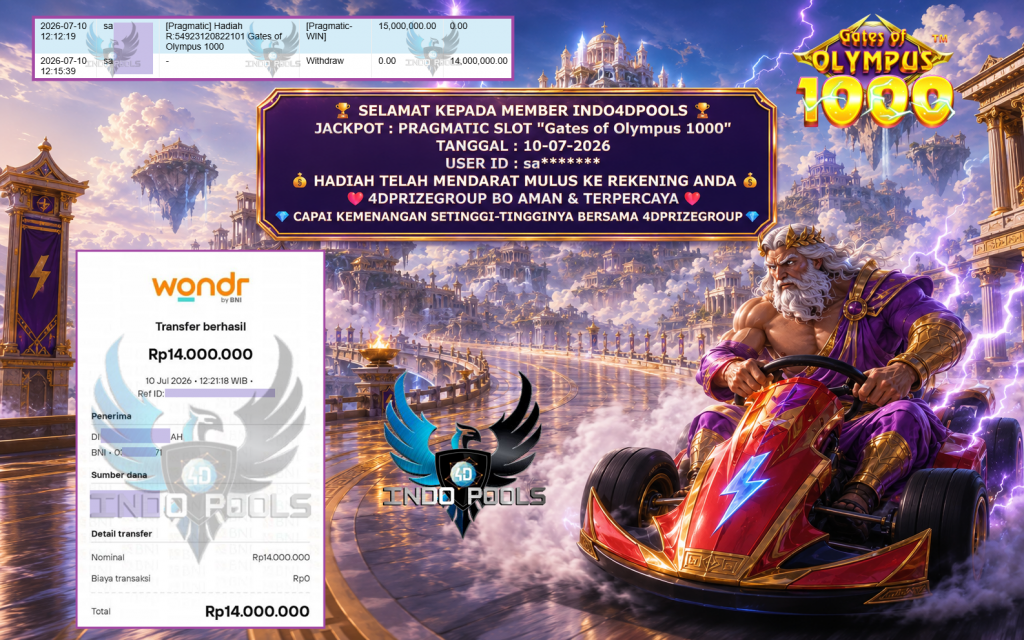 INDO4DPOOLS JACKPOT PRAGMATIC SLOT “Gates of Olympus 1000” Rp 14.000.000,- LUNAS
