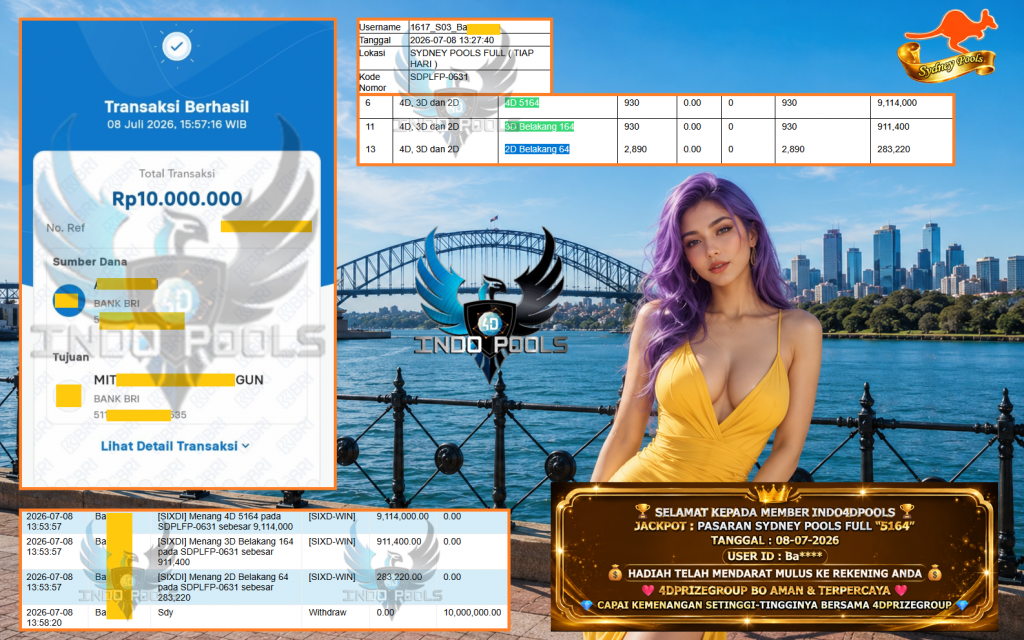 INDO4DPOOLS JACKPOT PASARAN SYDNEY POOLS FULL “5164” Rp 10.000.000,- LUNAS