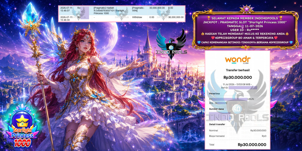 INDO4DPOOLS JACKPOT PRAGMATIC SLOT “Starlight Princess 1000” Rp 30.000.000,- LUNAS