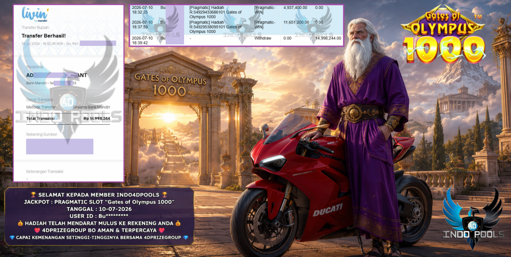 INDO4DPOOLS JACKPOT PRAGMATIC SLOT “Gates of Olympus 1000” Rp 14.998.244,- LUNAS
