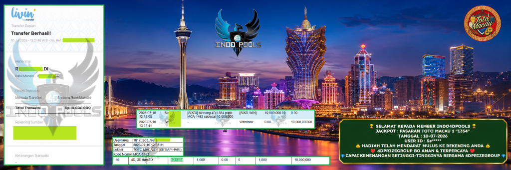 INDO4DPOOLS JACKPOT PASARAN TOTO MACAU 1 “1354” Rp 10.000.000,- LUNAS