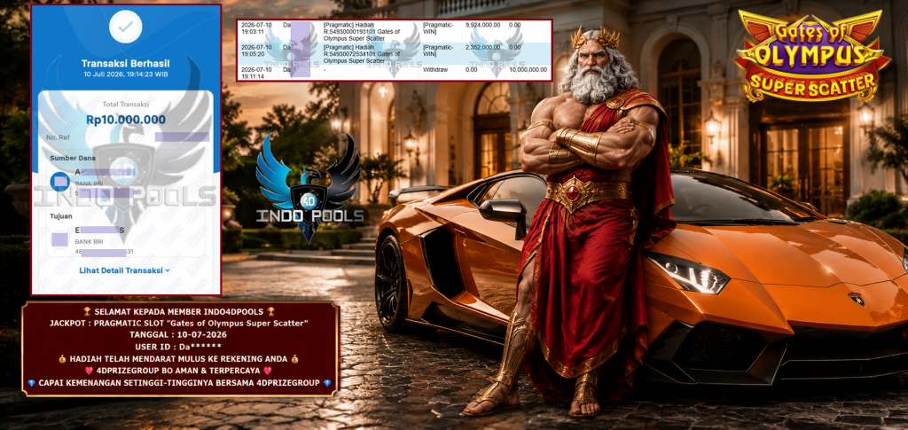 INDO4DPOOLS JACKPOT PRAGMATIC SLOT “Gates of Olympus Super Scatter” Rp 10.000.000,- LUNAS