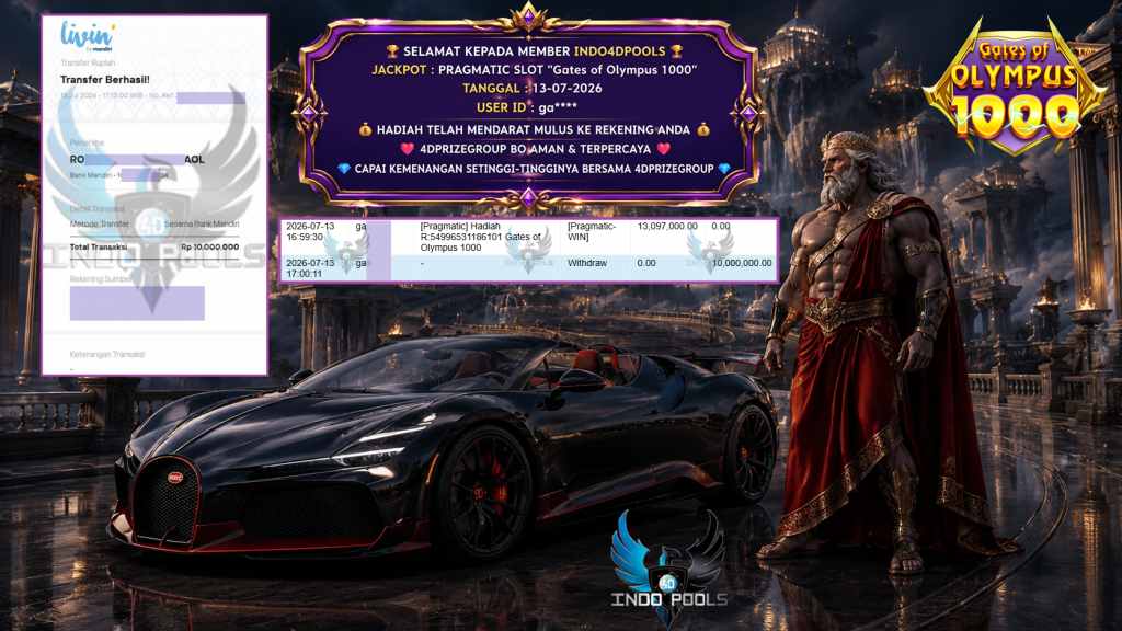 INDO4DPOOLS JACKPOT PRAGMATIC SLOT “Gates of Olympus 1000” Rp 10.000.000,- LUNAS