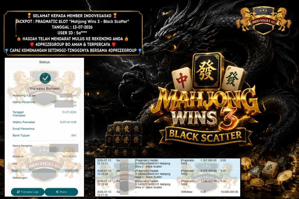 INDOVEGAS4D JACKPOT PRAGMATIC SLOT “Mahjong Wins 3 – Black Scatter” Rp 10.000.000,- LUNAS