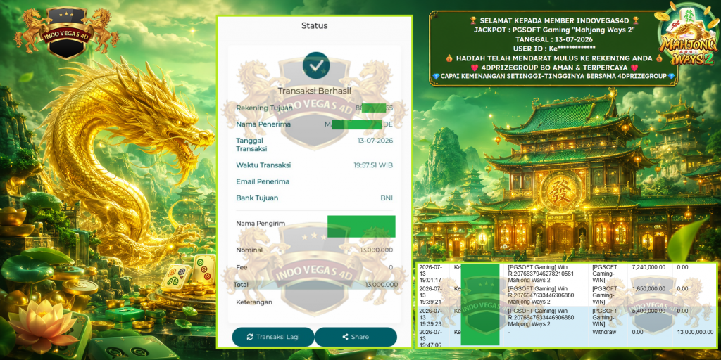 INDOVEGAS4D JACKPOT PGSOFT Gaming “Mahjong Ways 2” Rp 13.000.000,- LUNAS