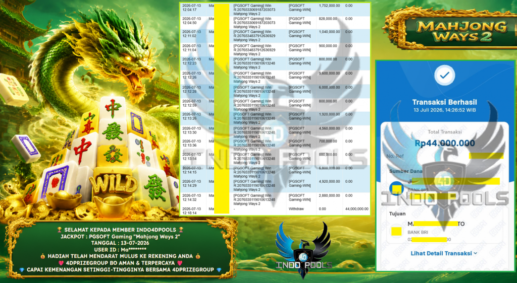 INDO4DPOOLS JACKPOT PGSOFT Gaming “Mahjong Ways 2” Rp 44.000.000,- LUNAS