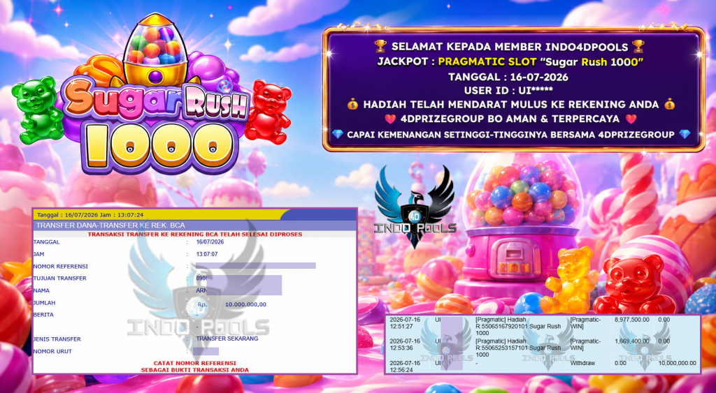 INDO4DPOOLS JACKPOT PRAGMATIC SLOT “Sugar Rush 1000” Rp 10.000.000,- LUNAS