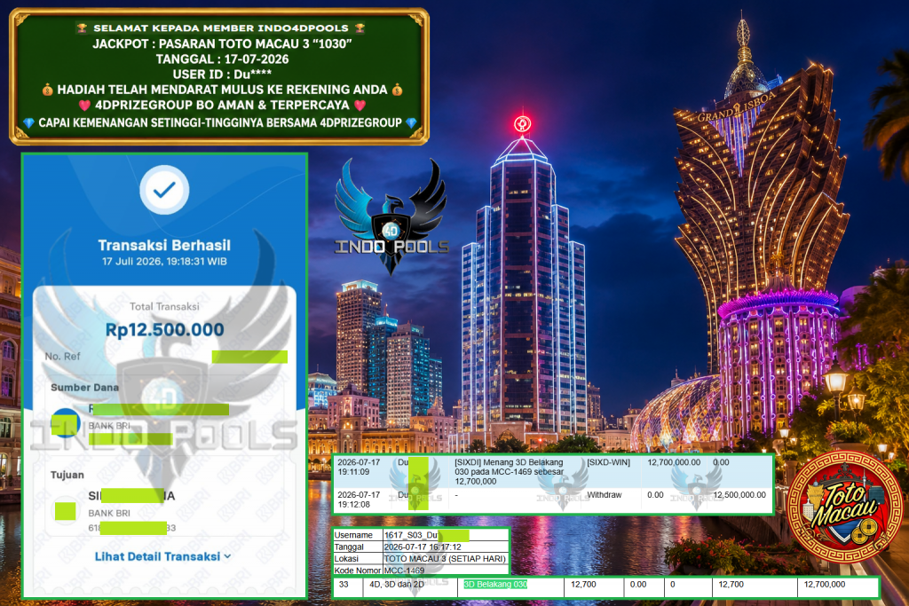 INDO4DPOOLS JACKPOT PASARAN TOTO MACAU 3 “1030” Rp 12.500.000,- LUNAS