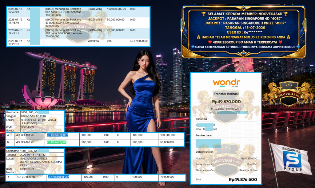 INDOVEGAS4D JACKPOT PASARAN SINGAPORE 4D “4087” & PASARAN SINGAPORE 3 PRIZE “4087” Rp 199.745.500,- LUNAS