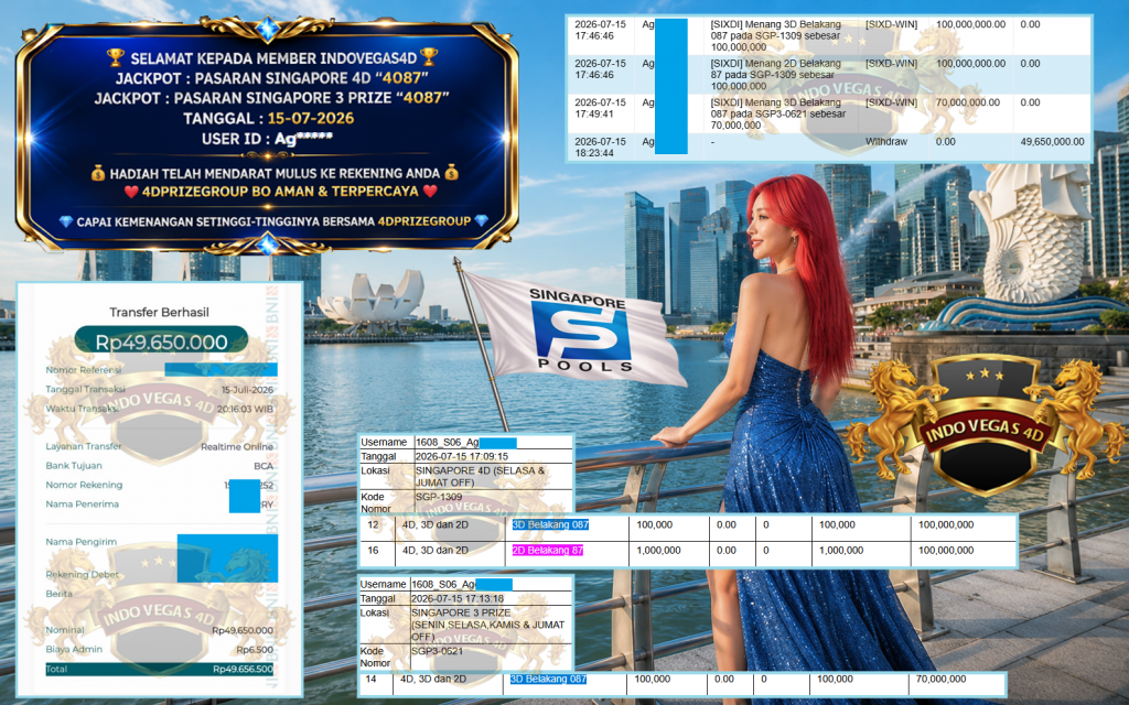 INDOVEGAS4D JACKPOT PASARAN SINGAPORE 4D “4087” & PASARAN SINGAPORE 3 PRIZE “4087” Rp 99.520.800,- LUNAS