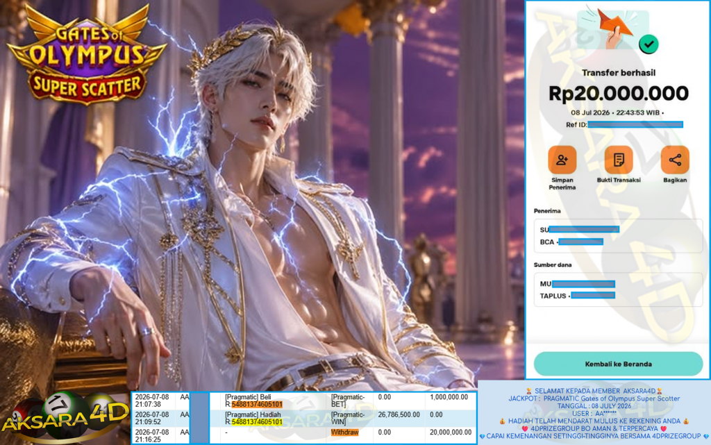 AKSARA4D JACKPOT PRAGMATIC ” Gates of Olympus Super Scatter ” Rp 20,000,000,- LUNAS