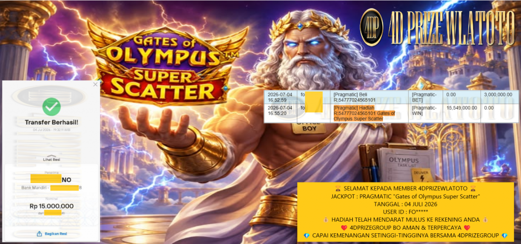 4DPRIZEWLATOTO JACKPOT PRAGMATIC “Gates of Olympus Super Scatter” Rp 15.000.000,- LUNAS 