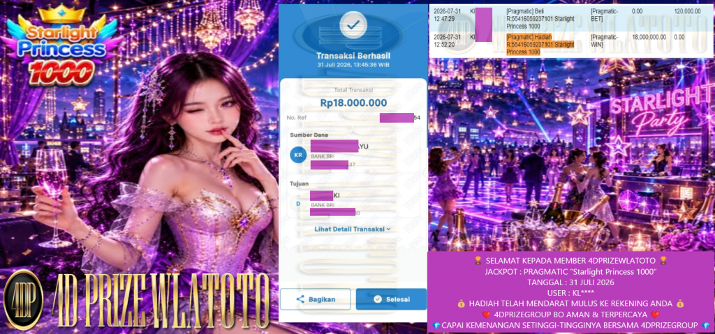 4DPRIZEWLATOTO JACKPOT PRAGMATIC “Starlight Princess 1000″ Rp 18.000.000,- LUNAS
