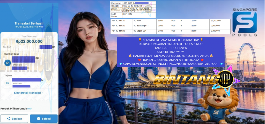 BINTANG4DP JACKPOT PASARAN SINGAPORE POOLS “0647 ” Rp 22.000.000,- LUNAS