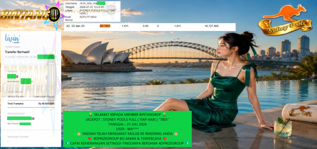 BINTANG4DP JACKPOT TOGEL SYDNEY POOLS FULL ( TIAP HARI ) “7801” Rp 18.000.000,- LUNAS