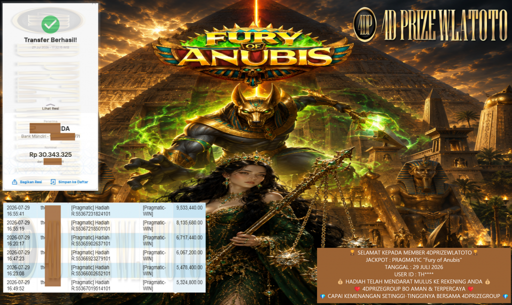 4DPRIZEWLATOTO JACKPOT PRAGMATIC βFury of Anubisβ Rp30.343.325,- LUNAS
