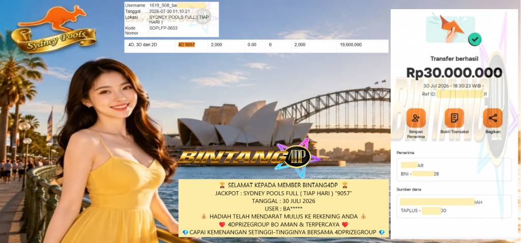BINTANG4DP JACKPOT SYDNEY POOLS FULL ( TIAP HARI ) “9057” Rp30.000.000,- LUNAS