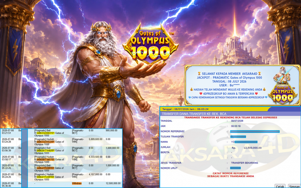AKSARA4D JACKPOT PRAGMATIC ” Gates of Olympus 1000 ” Rp 12,500,000,- LUNAS