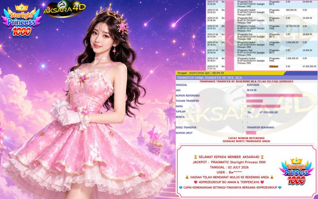 AKSARA4D JACKPOT PRAGMATIC ” Starlight Princess 1000 ” Rp 47,000,000,- LUNAS