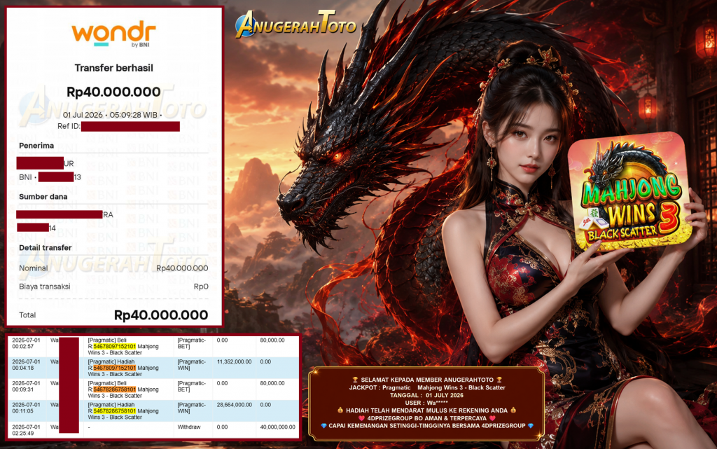 ANUGERAHTOTO JACKPOT PRAGMATIC ” Mahjong Wins 3 – Black Scatter ” Rp 40.000.000 ,- LUNAS