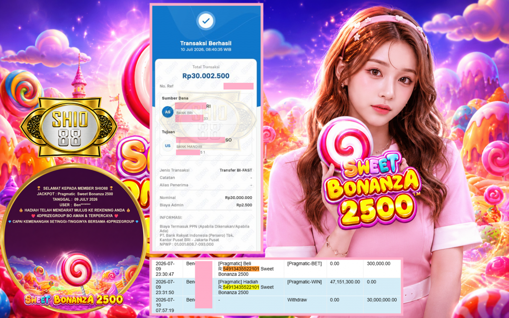 SHIO88 JACKPOT PRAGMATIC ” Sweet Bonanza 2500 ” Rp 30.000.000 ,- LUNAS