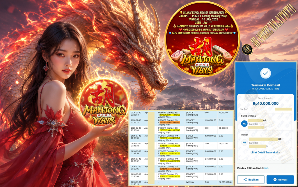4DPRIZEWLATOTO JACKPOT PGSOFT Gaming ” Mahjong Ways “ Rp 10.000.000 ,- LUNAS