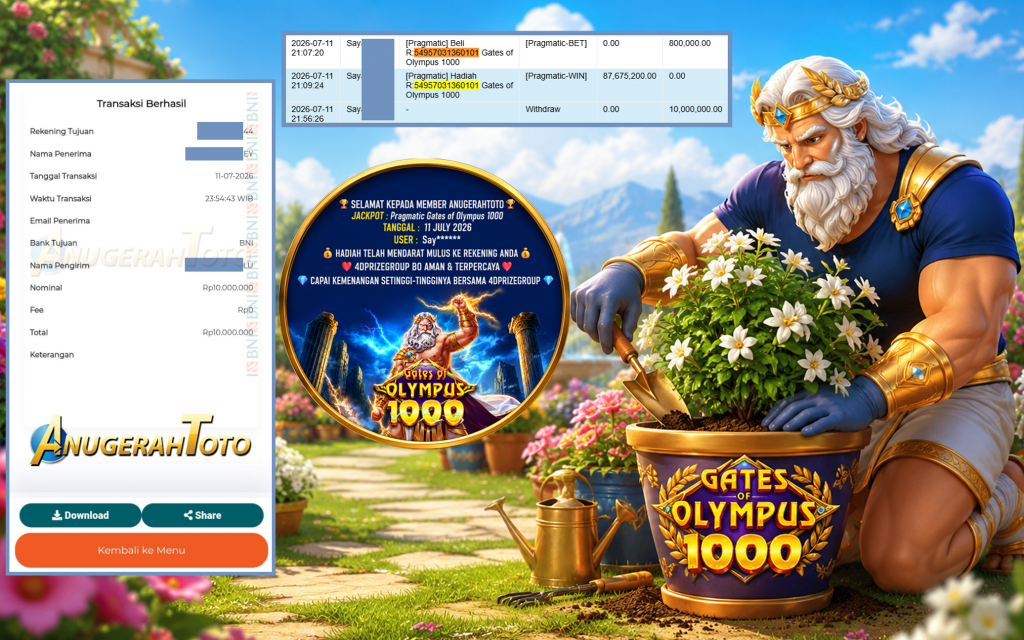 ANUGERAHTOTO JACKPOT PRAGMATIC ” Gates of Olympus 1000 ” Rp 10.000.000 ,- LUNAS