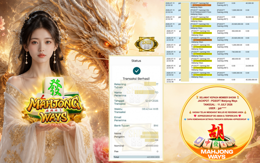 SHIO88 JACKPOT PGSOFT Gaming β Mahjong Ways βββββ ββββββββ Rp 40.000.000 ,- LUNAS